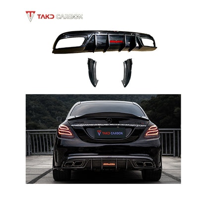 TAKD Carbon Dry Carbon Fiber Rear Diffuser & Rear Canards for Mercedes Benz C Class W205 C63 C63S 2019-ON Sedan